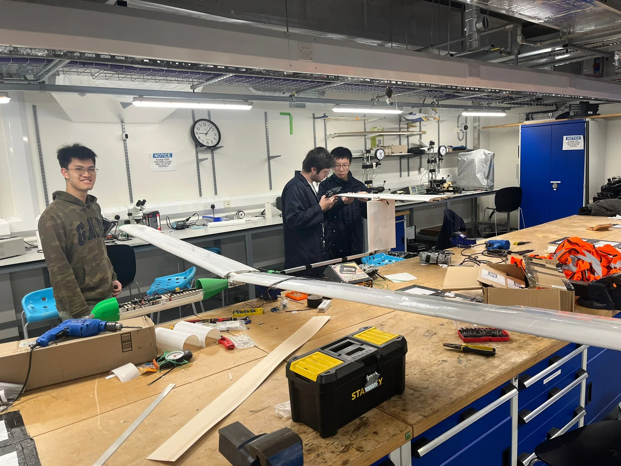 ICAV SPI students assembling the aircraft wing in the workshop
